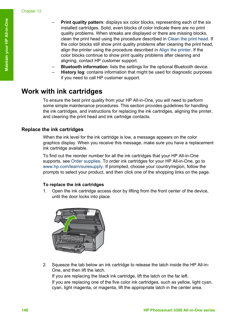 Work with ink cartridges, Replace the ink cartridges | HP Photosmart 3310 All-in-One Printer User Manual | Page 151 / 212