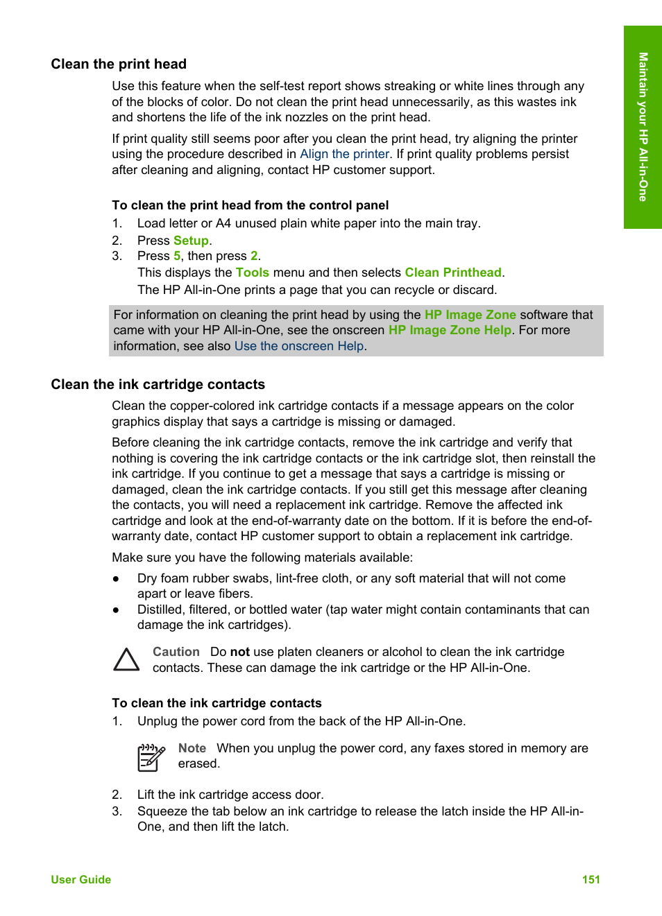 Clean the print head, Clean the ink cartridge contacts | HP Photosmart 3310 All-in-One Printer User Manual | Page 154 / 212