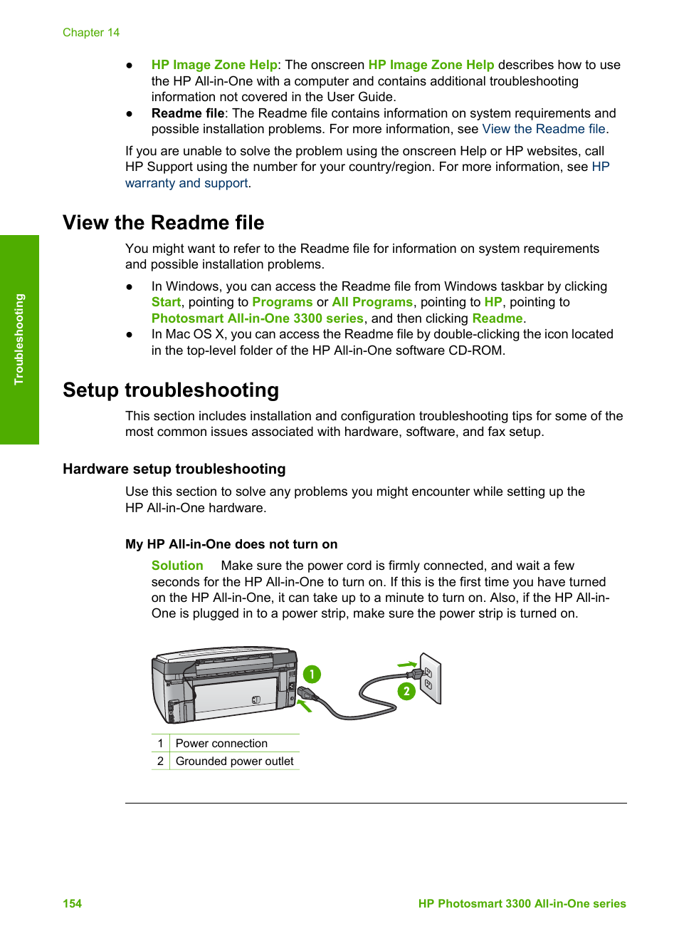 View the readme file, Setup troubleshooting, Hardware setup troubleshooting | View the readme file setup troubleshooting | HP Photosmart 3310 All-in-One Printer User Manual | Page 157 / 212