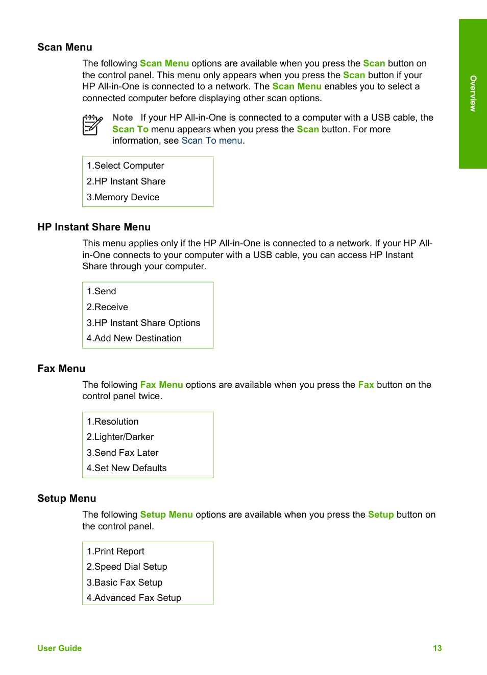Scan menu, Hp instant share menu, Fax menu | Setup menu | HP Photosmart 3310 All-in-One Printer User Manual | Page 16 / 212