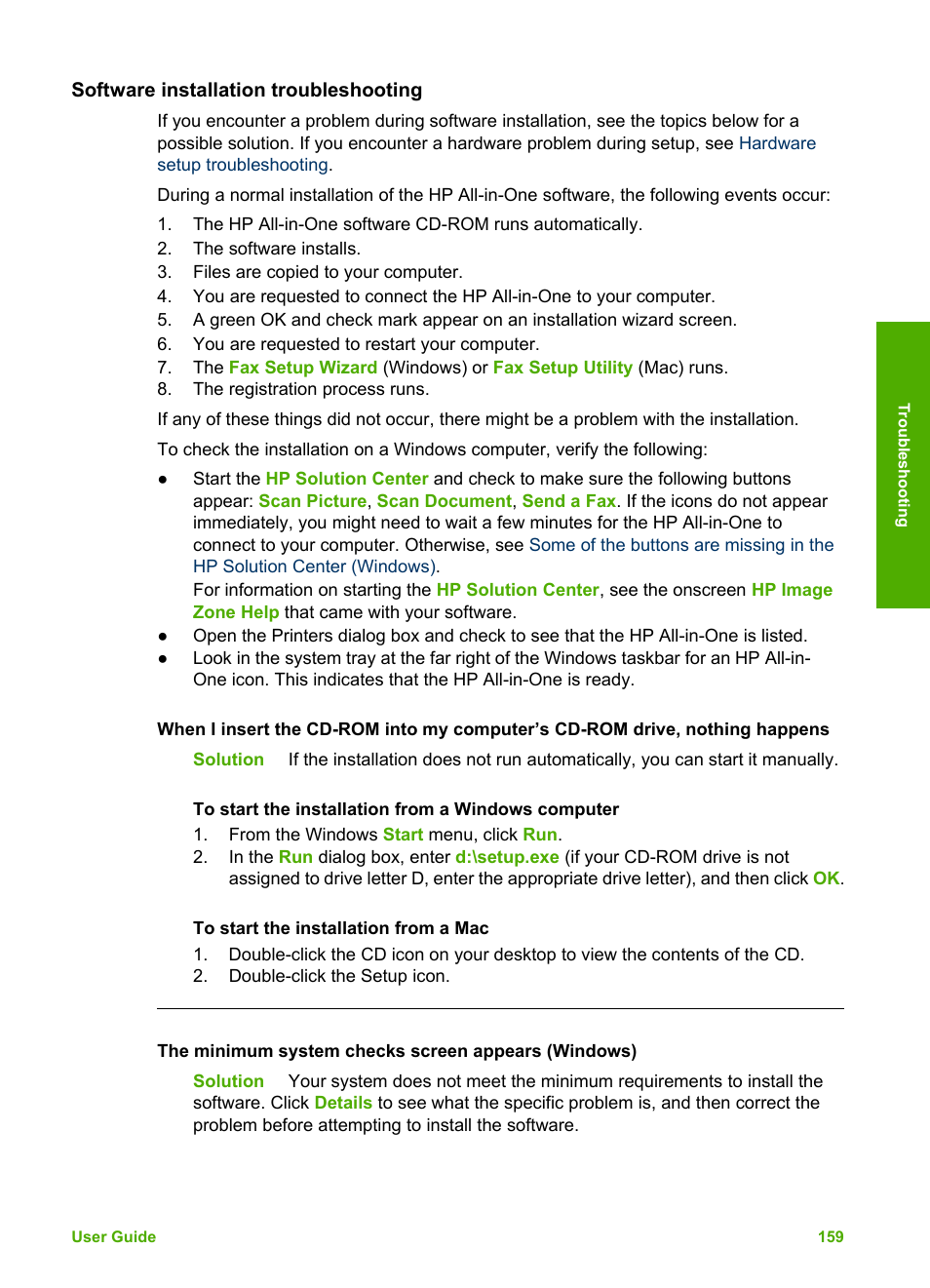 Software installation troubleshooting | HP Photosmart 3310 All-in-One Printer User Manual | Page 162 / 212