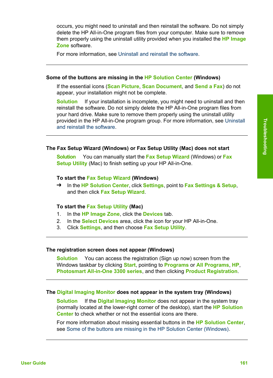 Uninstall and reinstall the software, Uninstall and, Reinstall the software | Some of the buttons are missing in the, Hp solution center (windows) | HP Photosmart 3310 All-in-One Printer User Manual | Page 164 / 212