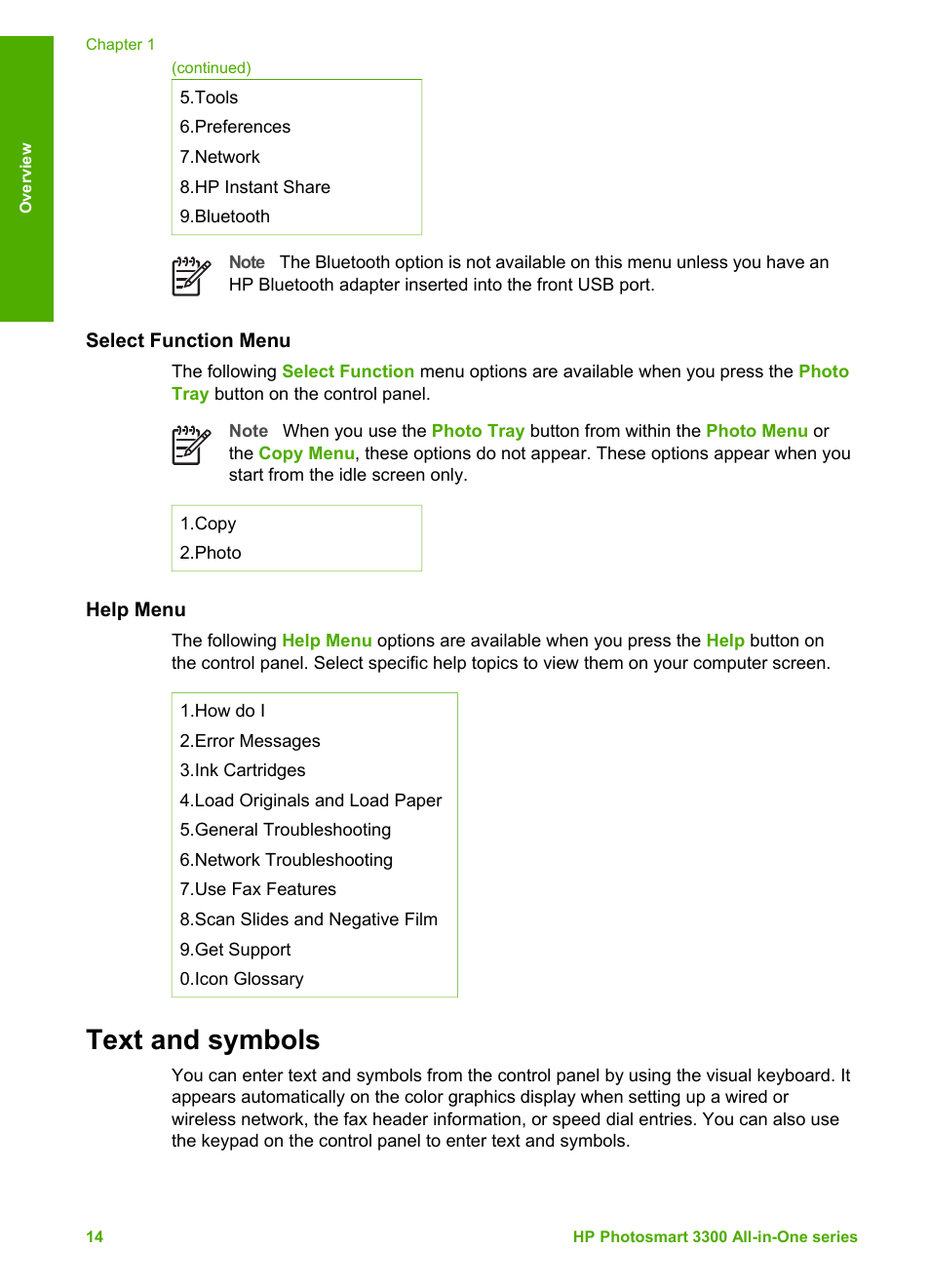 Select function menu, Help menu, Text and symbols | HP Photosmart 3310 All-in-One Printer User Manual | Page 17 / 212