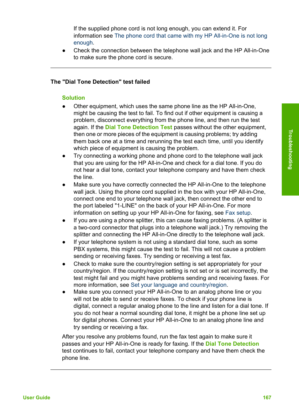 The "dial tone detection" test failed | HP Photosmart 3310 All-in-One Printer User Manual | Page 170 / 212