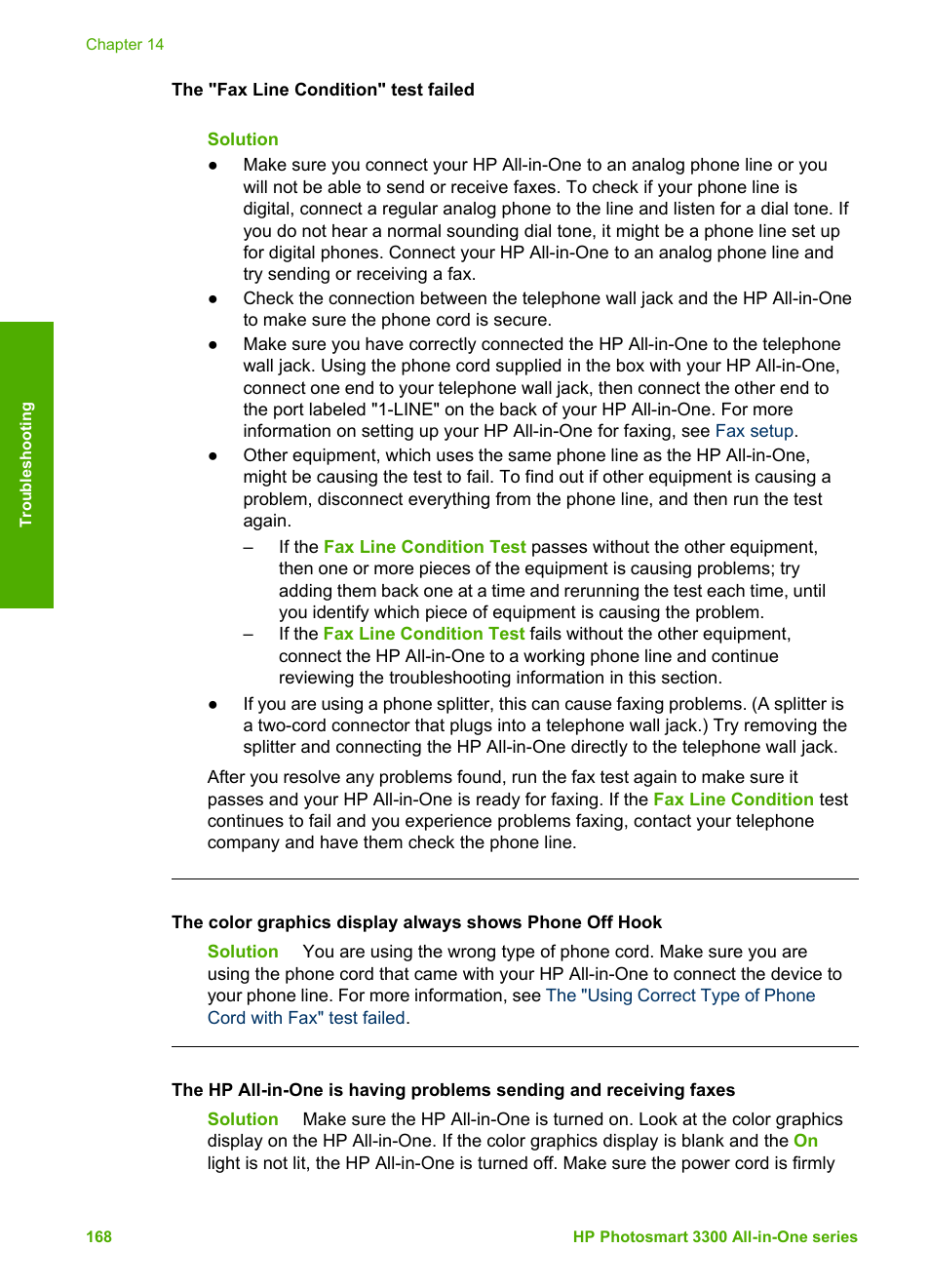 The "fax line condition" test failed | HP Photosmart 3310 All-in-One Printer User Manual | Page 171 / 212