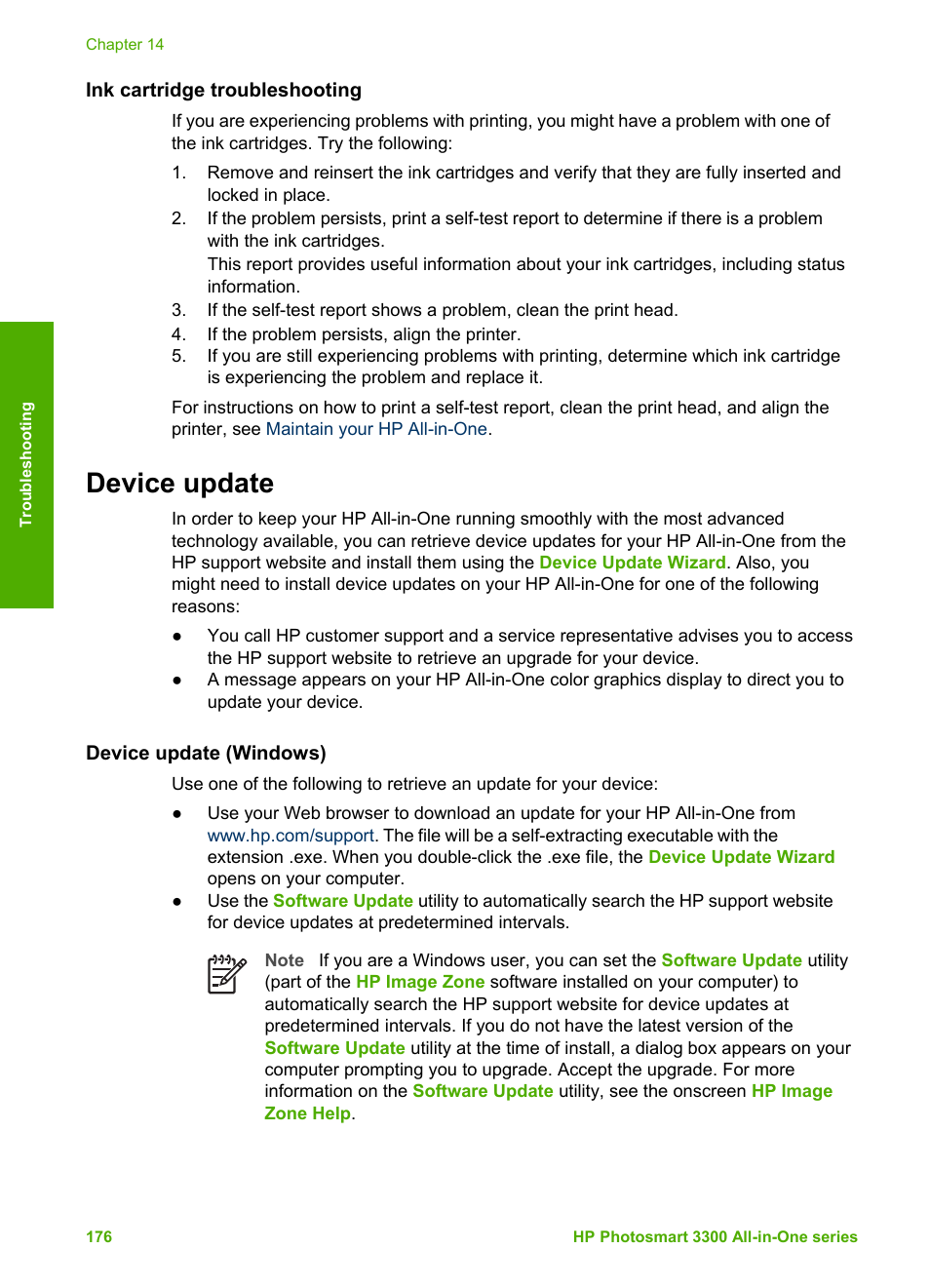 Ink cartridge troubleshooting, Device update, Device update (windows) | HP Photosmart 3310 All-in-One Printer User Manual | Page 179 / 212