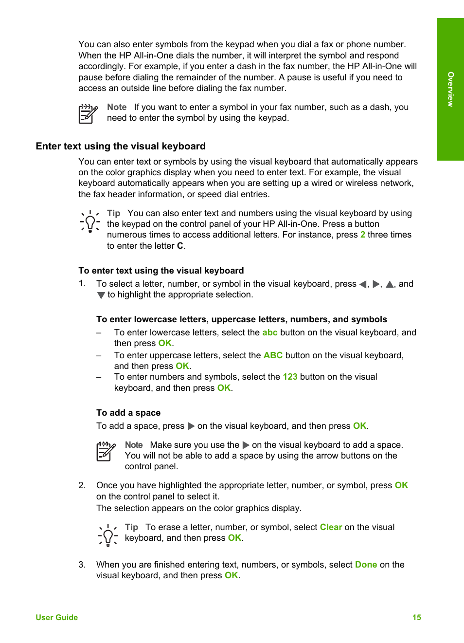 Enter text using the visual keyboard | HP Photosmart 3310 All-in-One Printer User Manual | Page 18 / 212