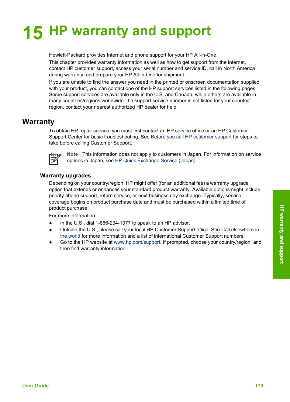 Hp warranty and support, Warranty, Warranty upgrades | 15 hp warranty and support, Warranty and support | HP Photosmart 3310 All-in-One Printer User Manual | Page 182 / 212
