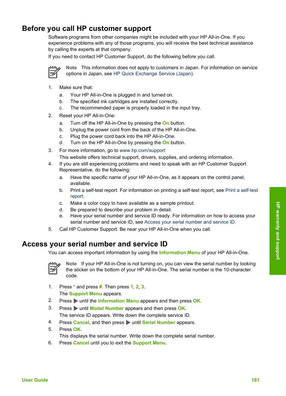 Before you call hp customer support, Access your serial number and service id | HP Photosmart 3310 All-in-One Printer User Manual | Page 184 / 212