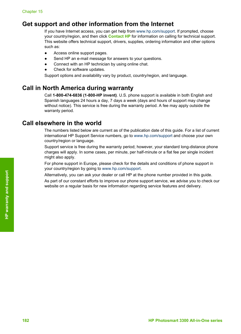Call in north america during warranty, Call elsewhere in the world, Support office. see | Call elsewhere in, The world, For more information and | HP Photosmart 3310 All-in-One Printer User Manual | Page 185 / 212