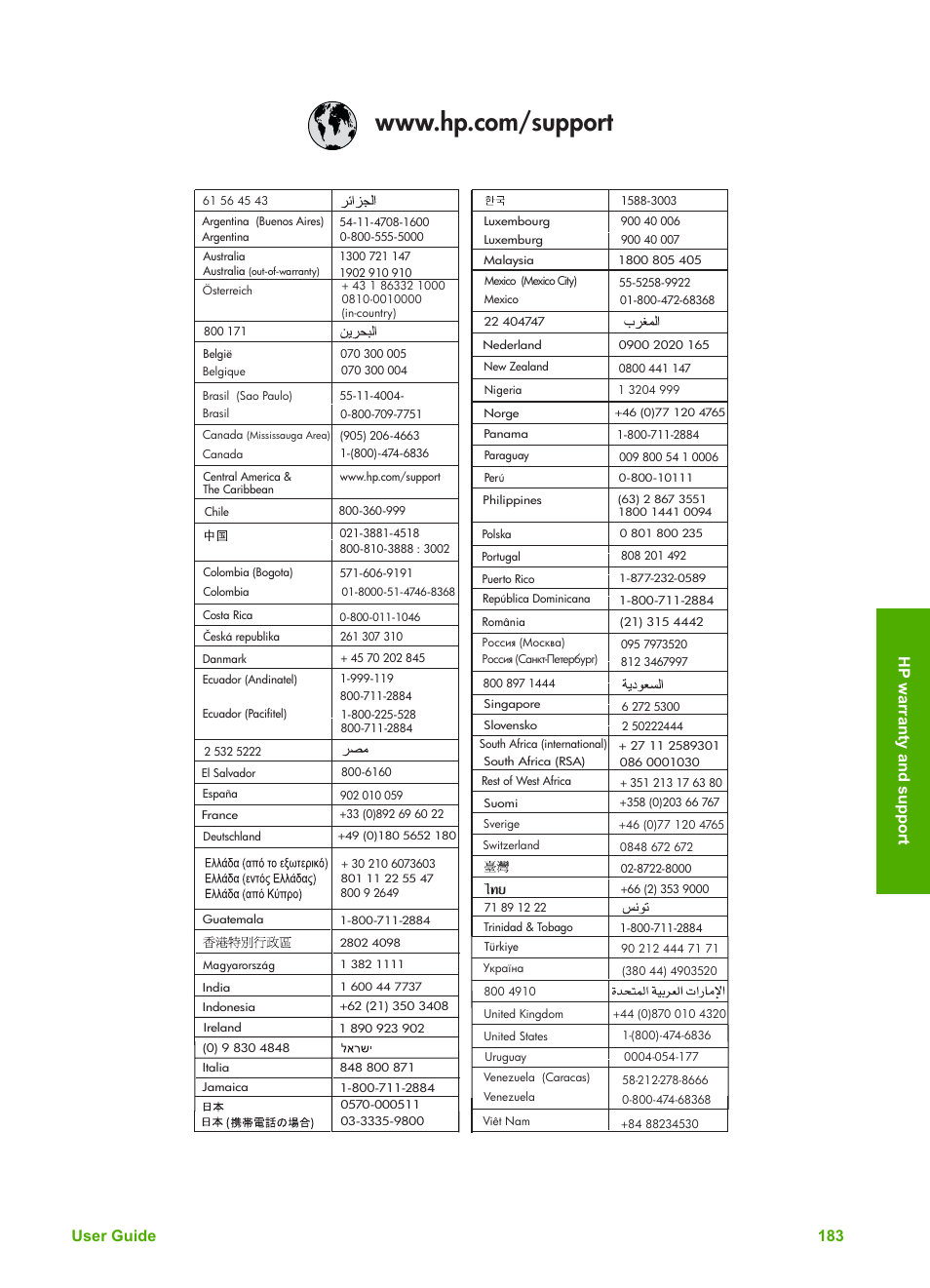 User guide 183 hp w arranty and support | HP Photosmart 3310 All-in-One Printer User Manual | Page 186 / 212