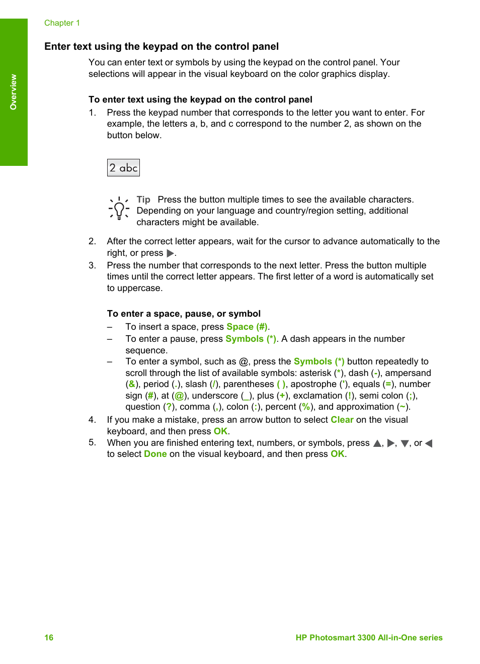 Enter text using the keypad on the control panel | HP Photosmart 3310 All-in-One Printer User Manual | Page 19 / 212