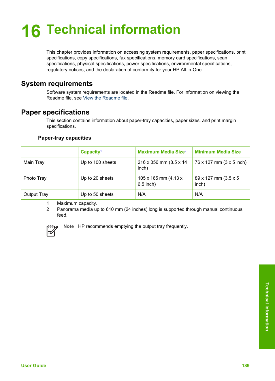 Technical information, System requirements, Paper specifications | Paper-tray capacities, 16 technical information, System requirements paper specifications | HP Photosmart 3310 All-in-One Printer User Manual | Page 192 / 212
