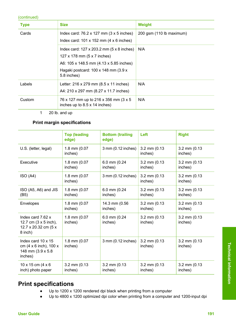 Print margin specifications, Print specifications | HP Photosmart 3310 All-in-One Printer User Manual | Page 194 / 212