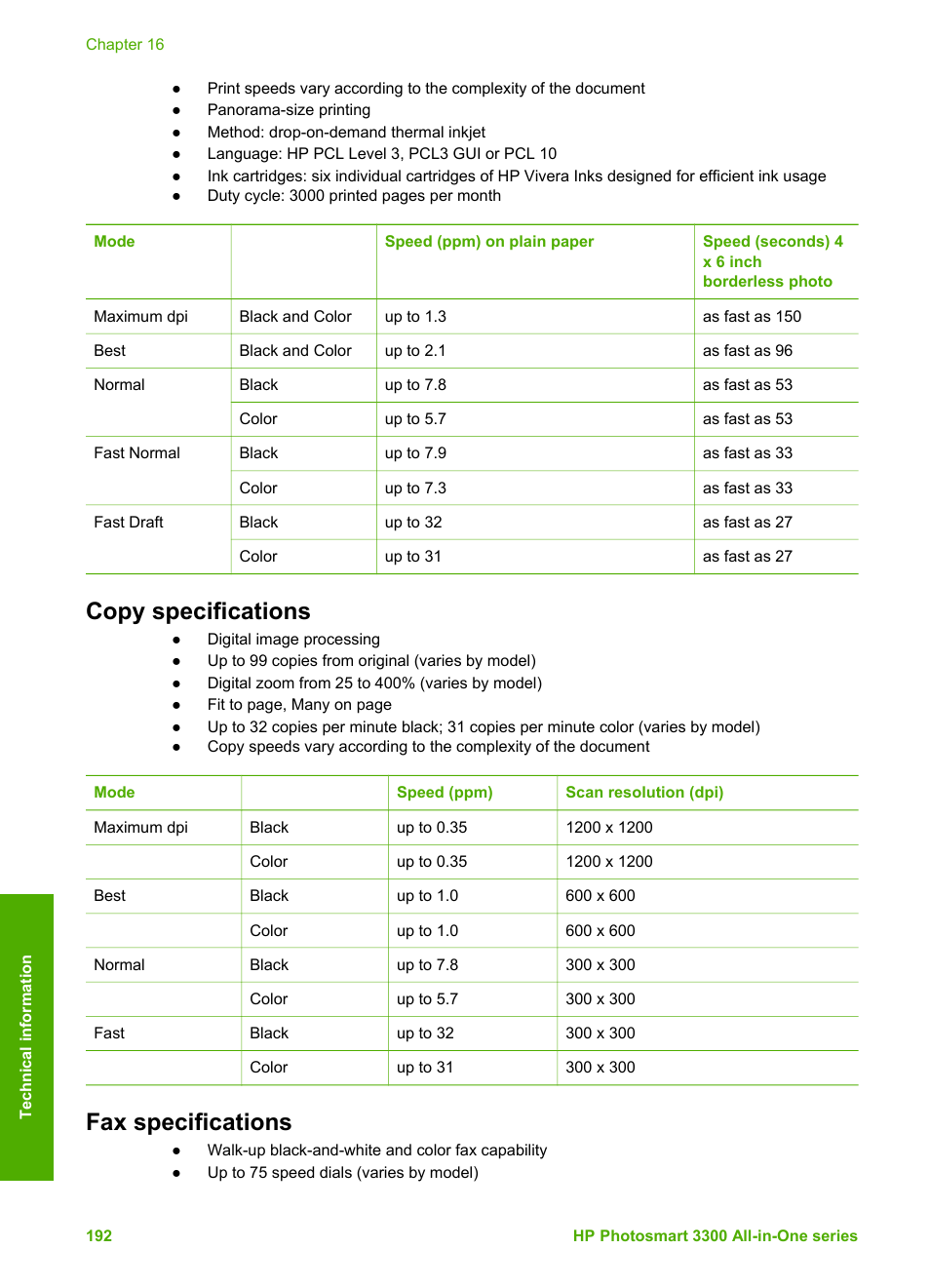Copy specifications, Fax specifications, Copy specifications fax specifications | HP Photosmart 3310 All-in-One Printer User Manual | Page 195 / 212