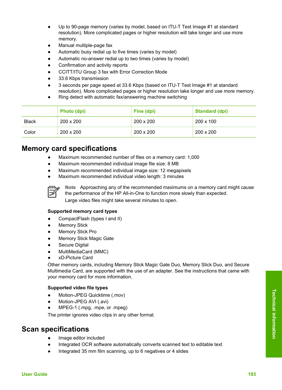 Memory card specifications, Scan specifications, Memory card specifications scan specifications | HP Photosmart 3310 All-in-One Printer User Manual | Page 196 / 212