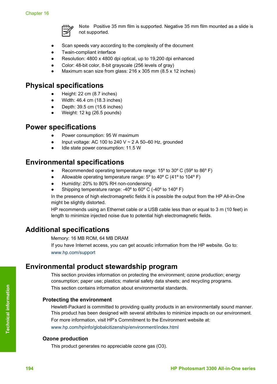 Physical specifications, Power specifications, Environmental specifications | Additional specifications, Environmental product stewardship program, Protecting the environment, Ozone production | HP Photosmart 3310 All-in-One Printer User Manual | Page 197 / 212