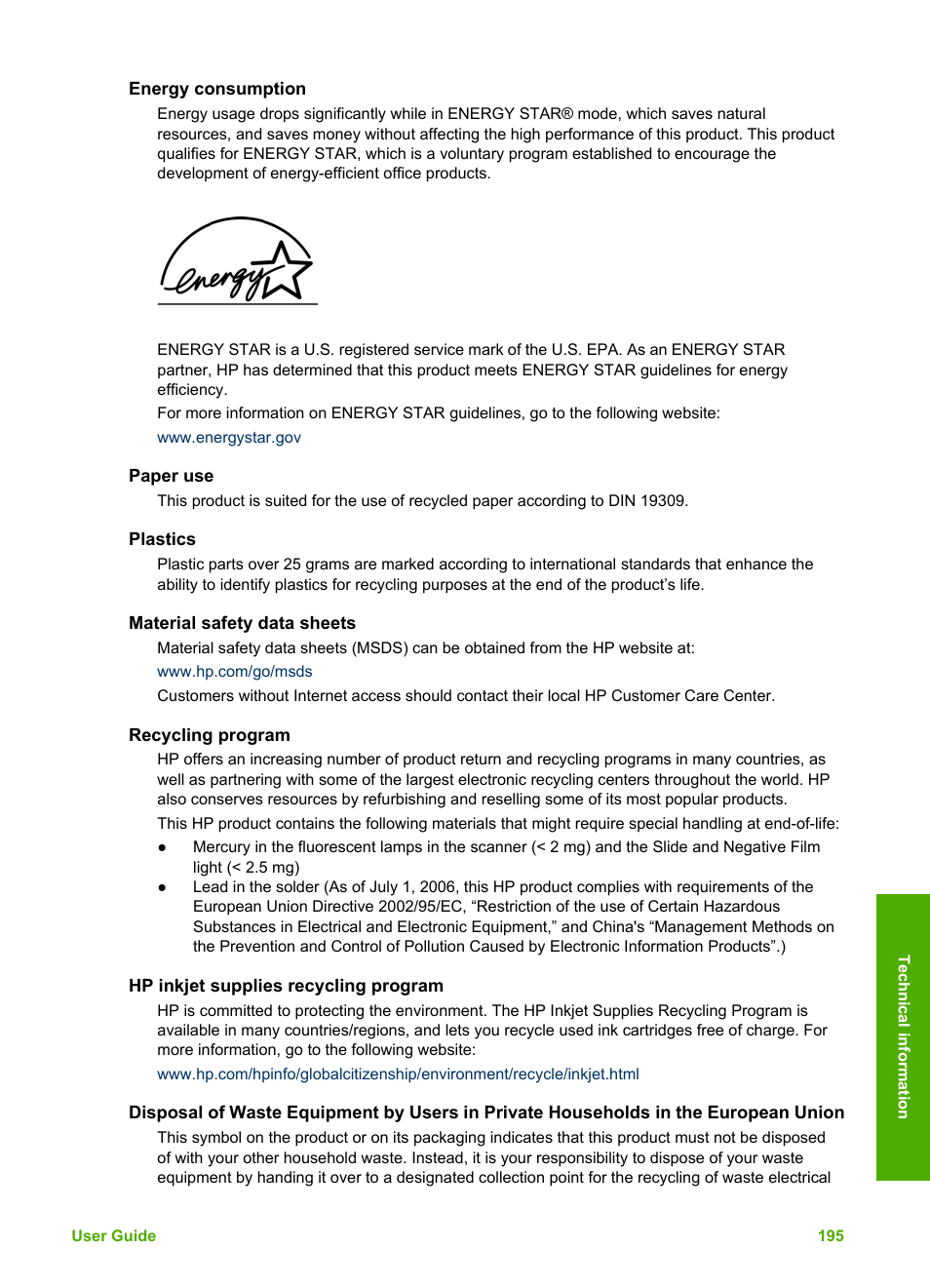 Energy consumption, Paper use, Plastics | Material safety data sheets, Recycling program, Hp inkjet supplies recycling program | HP Photosmart 3310 All-in-One Printer User Manual | Page 198 / 212