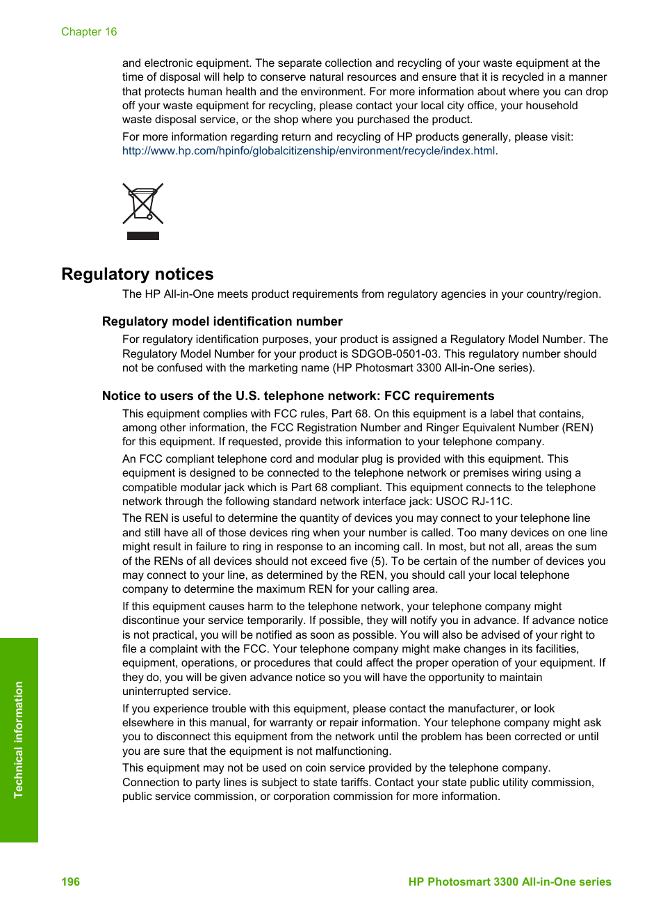 Regulatory notices, Regulatory model identification number | HP Photosmart 3310 All-in-One Printer User Manual | Page 199 / 212
