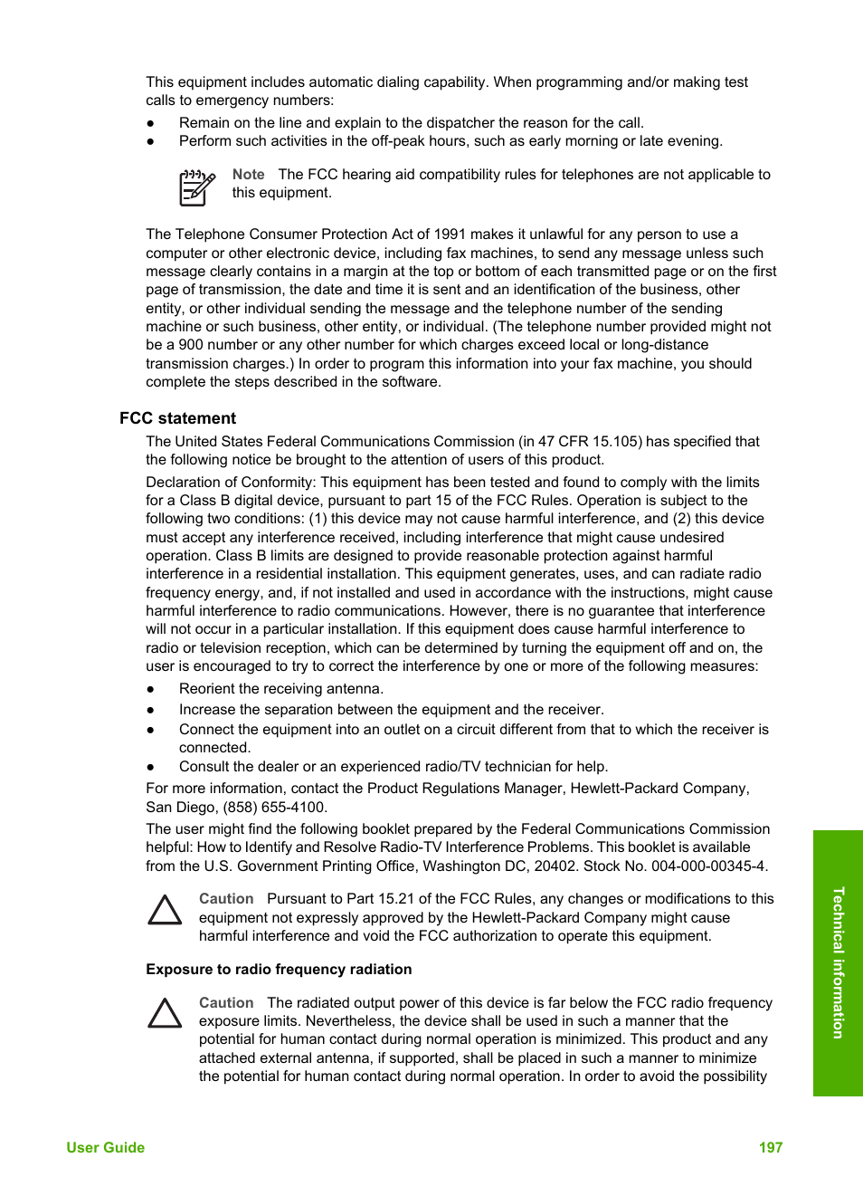 Fcc statement | HP Photosmart 3310 All-in-One Printer User Manual | Page 200 / 212