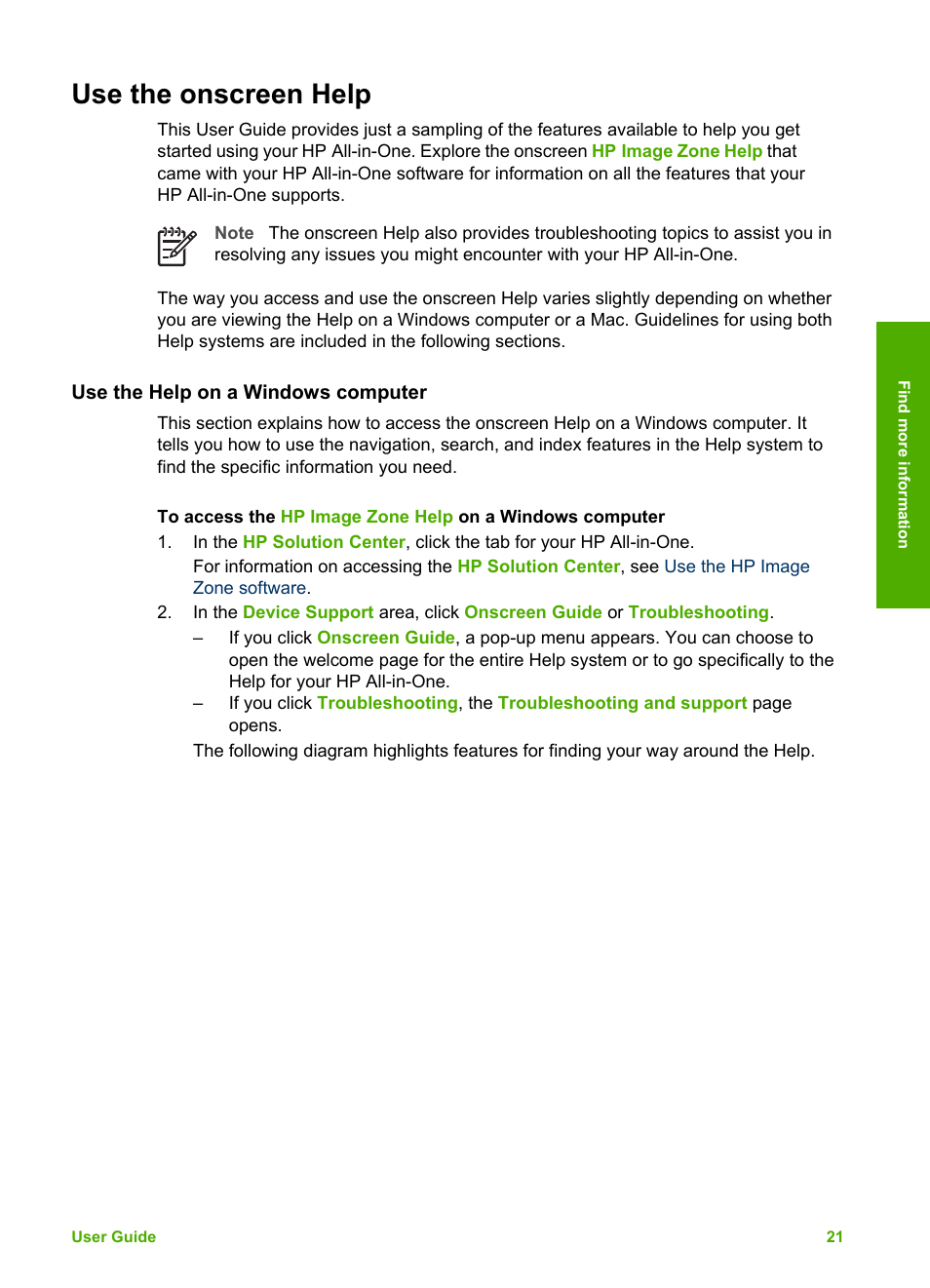 Use the onscreen help, Use the help on a windows computer | HP Photosmart 3310 All-in-One Printer User Manual | Page 24 / 212