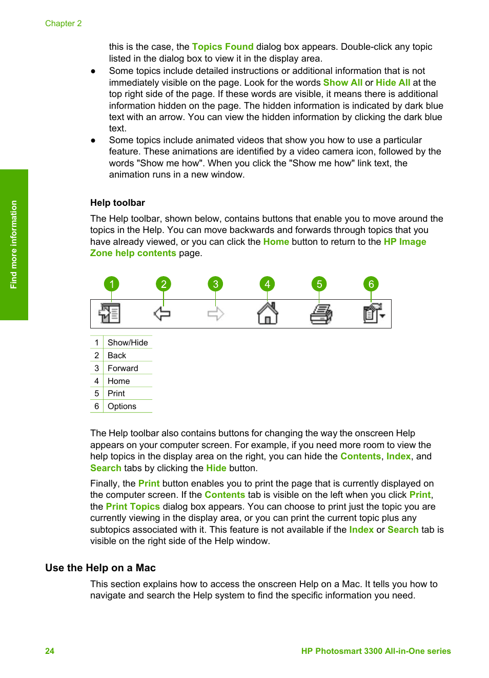 Help toolbar, Use the help on a mac | HP Photosmart 3310 All-in-One Printer User Manual | Page 27 / 212