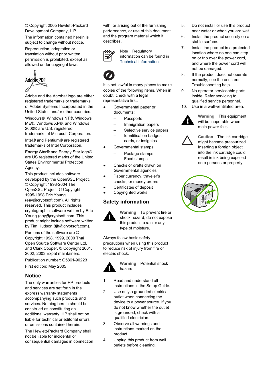Notice, Safety information | HP Photosmart 3310 All-in-One Printer User Manual | Page 3 / 212
