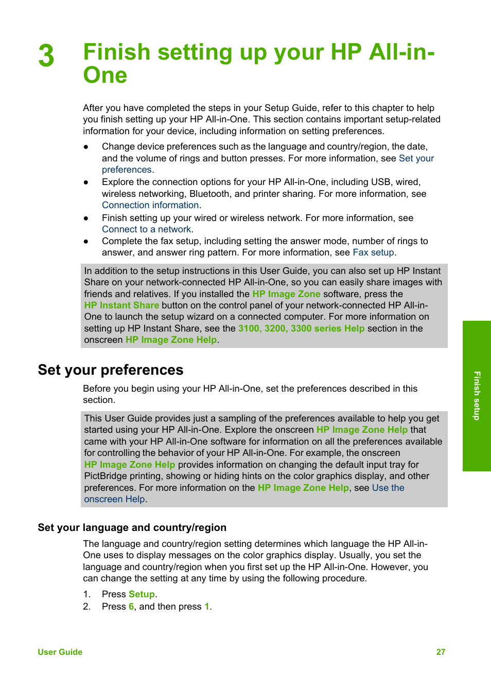 Finish setting up your hp all-in-one, Set your preferences, Set your language and country/region | Finish setting up your hp all-in- one | HP Photosmart 3310 All-in-One Printer User Manual | Page 30 / 212