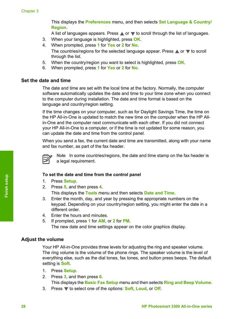 Set the date and time, Adjust the volume | HP Photosmart 3310 All-in-One Printer User Manual | Page 31 / 212