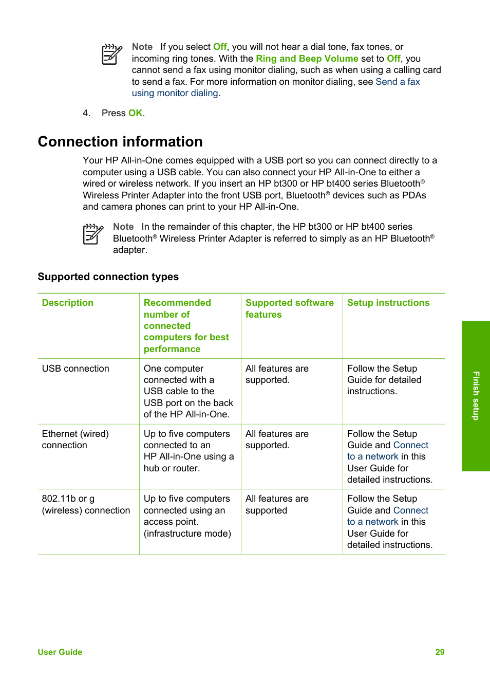 Connection information, Supported connection types, Connection | Information | HP Photosmart 3310 All-in-One Printer User Manual | Page 32 / 212