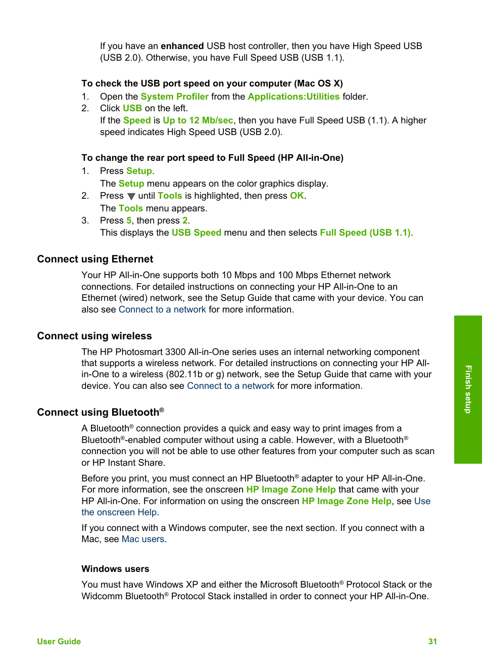 Connect using ethernet, Connect using wireless, Connect using bluetooth | Windows users | HP Photosmart 3310 All-in-One Printer User Manual | Page 34 / 212