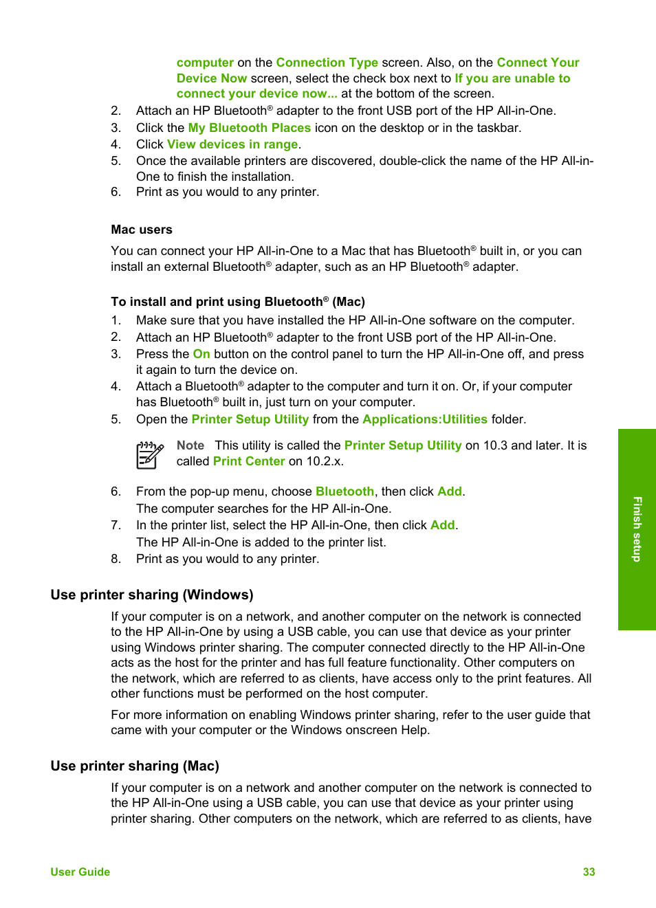 Mac users, Use printer sharing (windows), Use printer sharing (mac) | Printer sharing (windows), Printer sharing (mac), Mac, see | HP Photosmart 3310 All-in-One Printer User Manual | Page 36 / 212