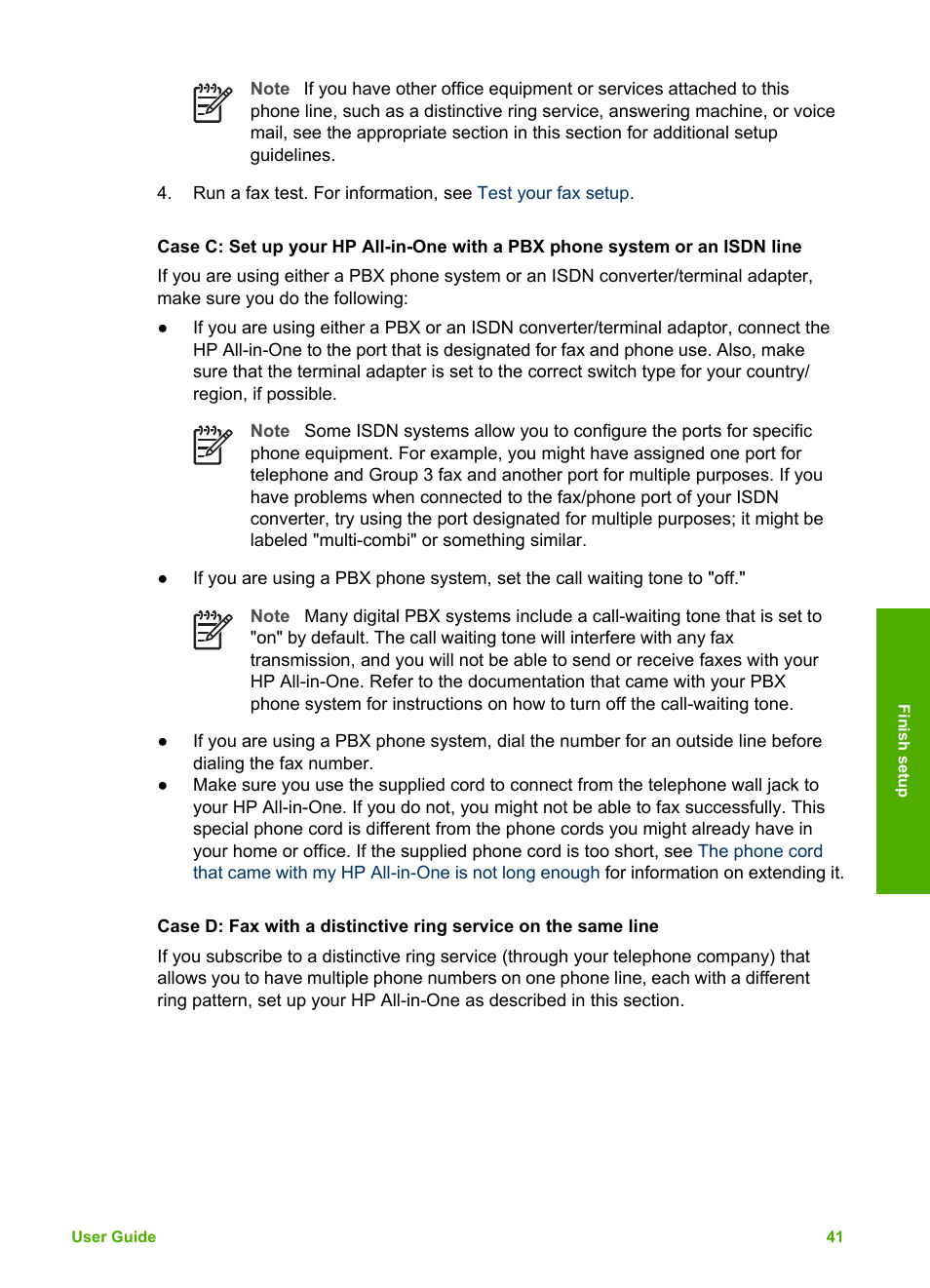 Case c: set up your hp all-in-one with, A pbx phone system or an isdn line, Case d: fax with a distinctive ring | Service on the same line | HP Photosmart 3310 All-in-One Printer User Manual | Page 44 / 212