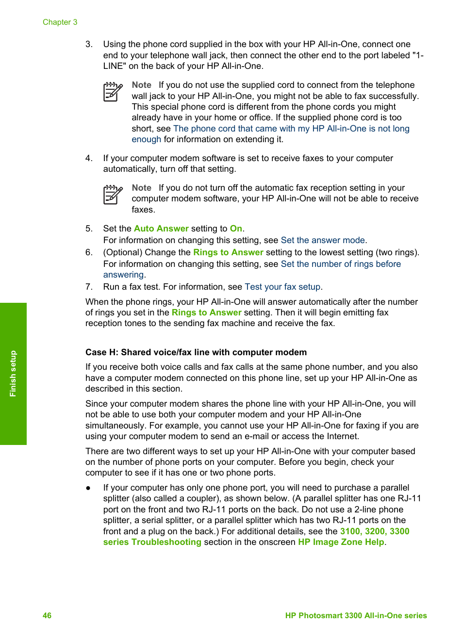 Case h: shared voice/fax line with computer modem | HP Photosmart 3310 All-in-One Printer User Manual | Page 49 / 212