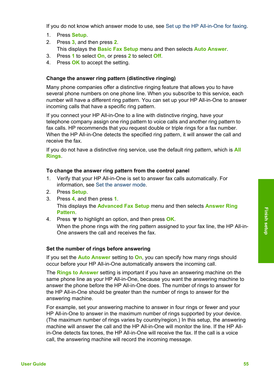 Set the number of rings before answering, Set the number of rings before, Answering | Change the answer ring pattern, Distinctive ringing) | HP Photosmart 3310 All-in-One Printer User Manual | Page 58 / 212