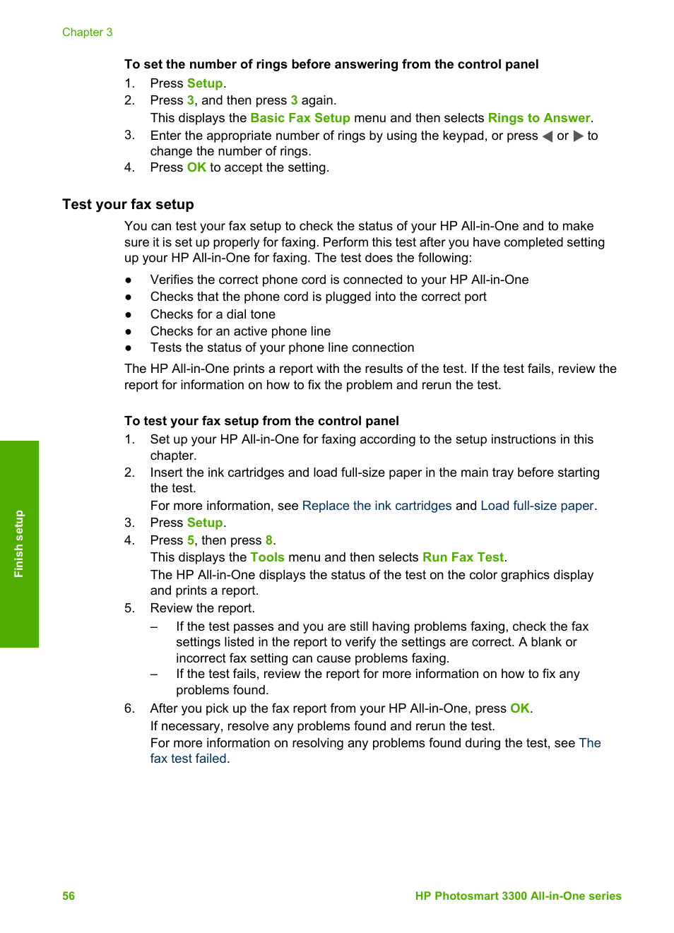Test your fax setup | HP Photosmart 3310 All-in-One Printer User Manual | Page 59 / 212