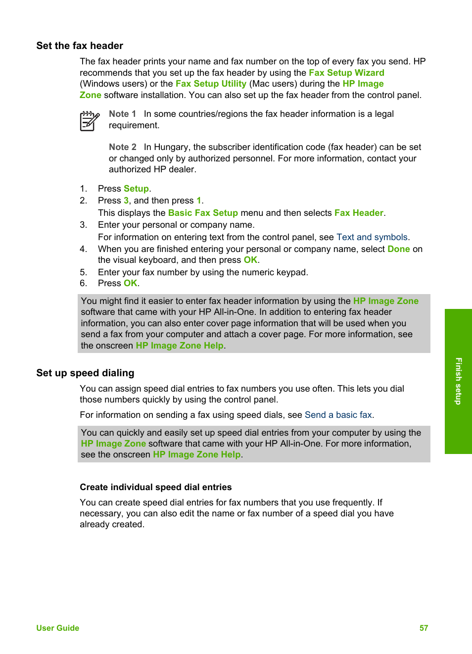 Set the fax header, Set up speed dialing, Create individual speed dial entries | HP Photosmart 3310 All-in-One Printer User Manual | Page 60 / 212