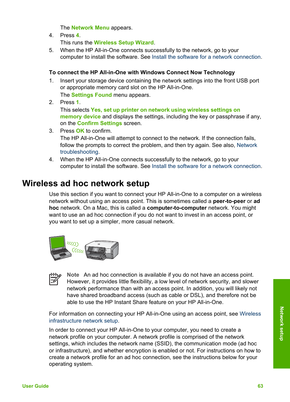 Wireless ad hoc network setup | HP Photosmart 3310 All-in-One Printer User Manual | Page 66 / 212