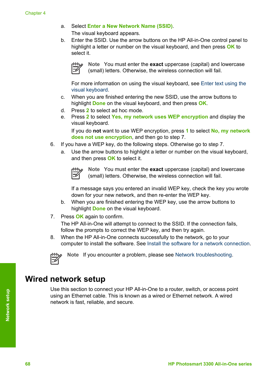 Wired network setup, Wired, Network setup | HP Photosmart 3310 All-in-One Printer User Manual | Page 71 / 212
