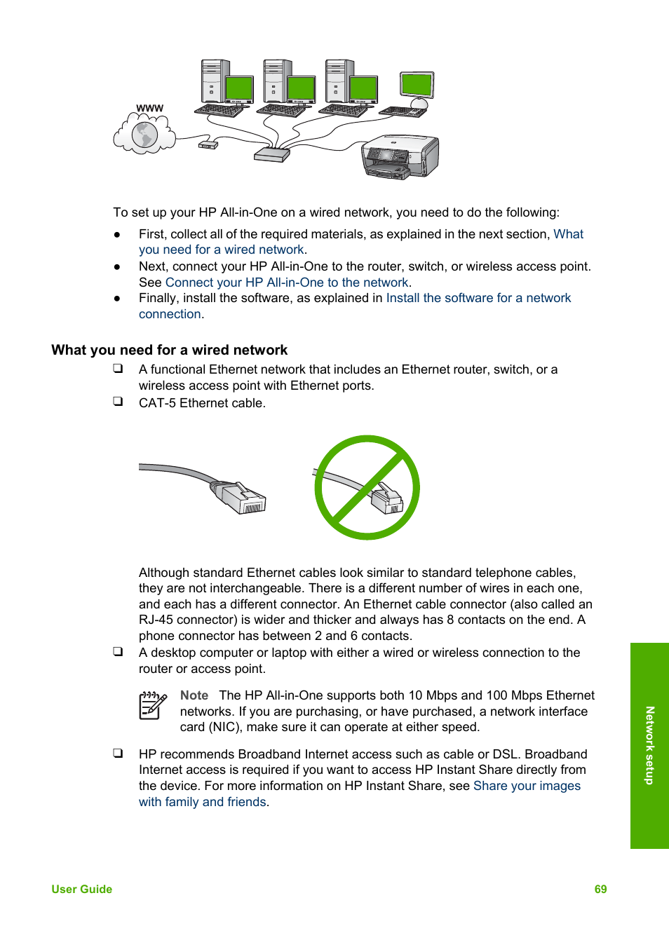 What you need for a wired network | HP Photosmart 3310 All-in-One Printer User Manual | Page 72 / 212