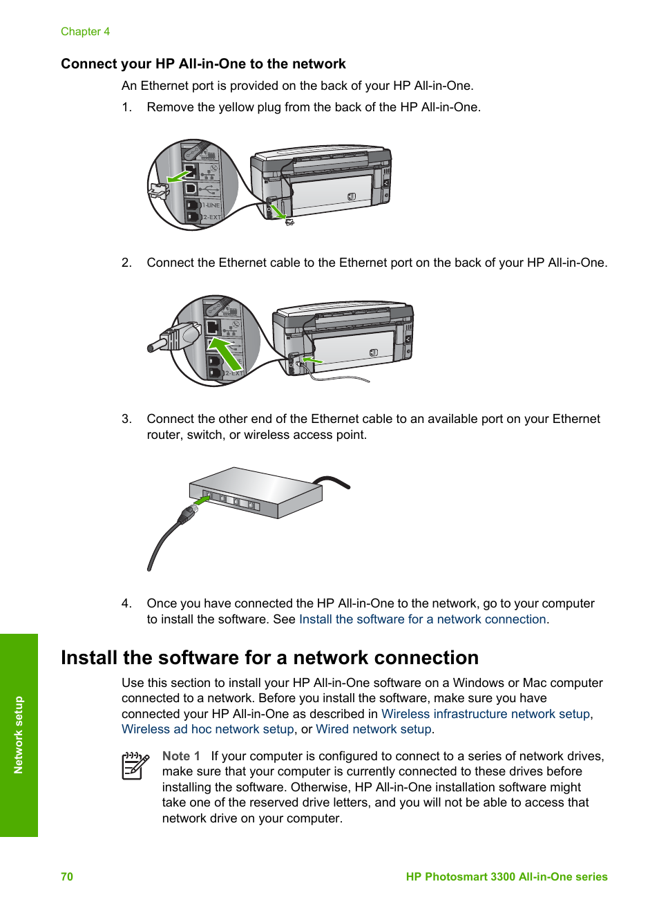 Connect your hp all-in-one to the network, Install the software for a network connection, Install the software for a network | Connection, The software. see | HP Photosmart 3310 All-in-One Printer User Manual | Page 73 / 212
