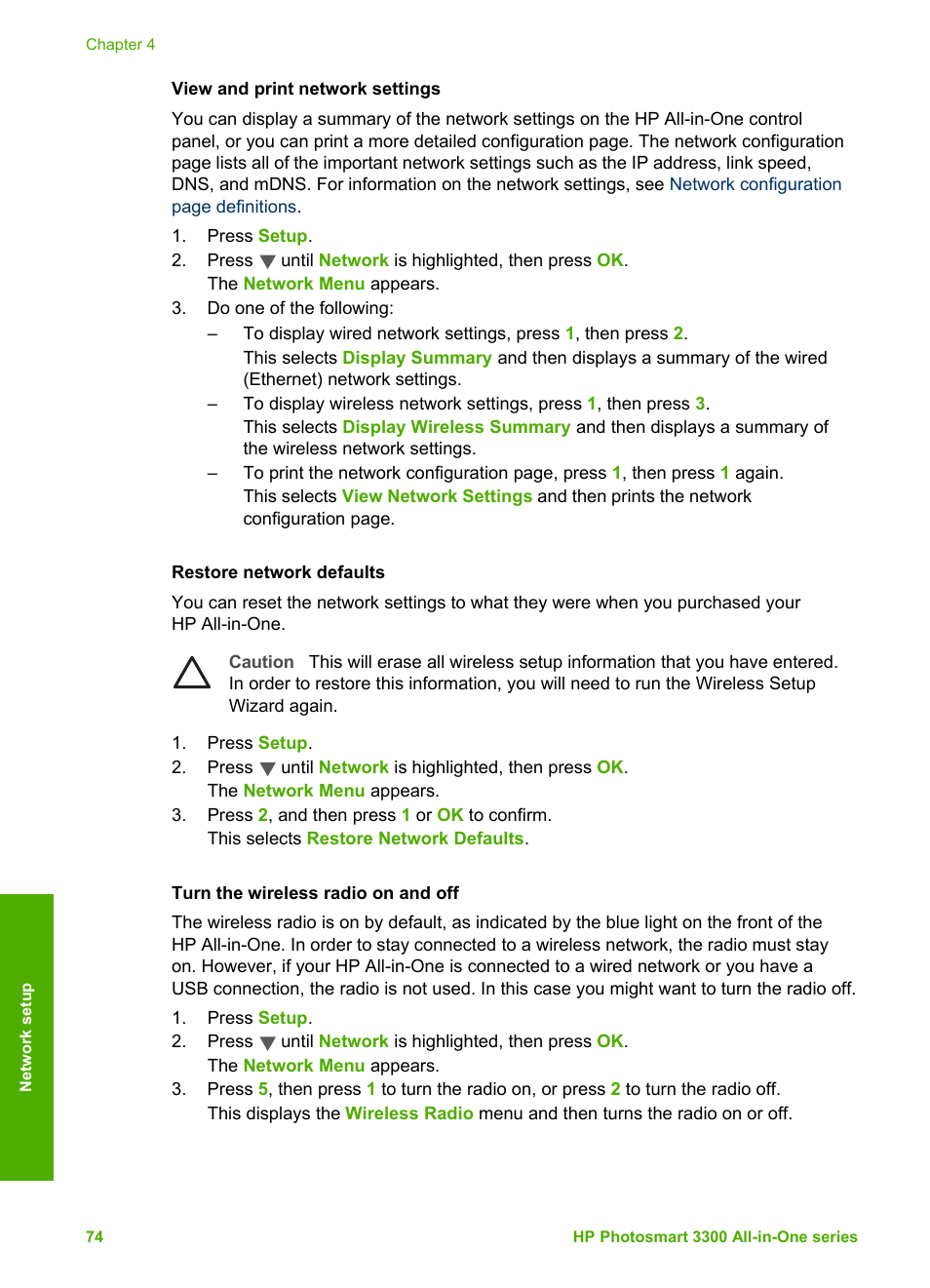 Restore network defaults, Turn the wireless radio on and off | HP Photosmart 3310 All-in-One Printer User Manual | Page 77 / 212