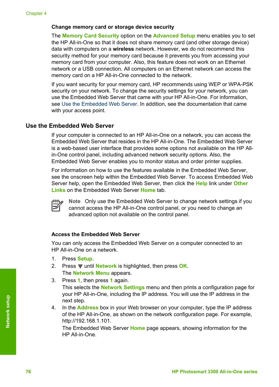 Use the embedded web server, Access the embedded web server | HP Photosmart 3310 All-in-One Printer User Manual | Page 79 / 212