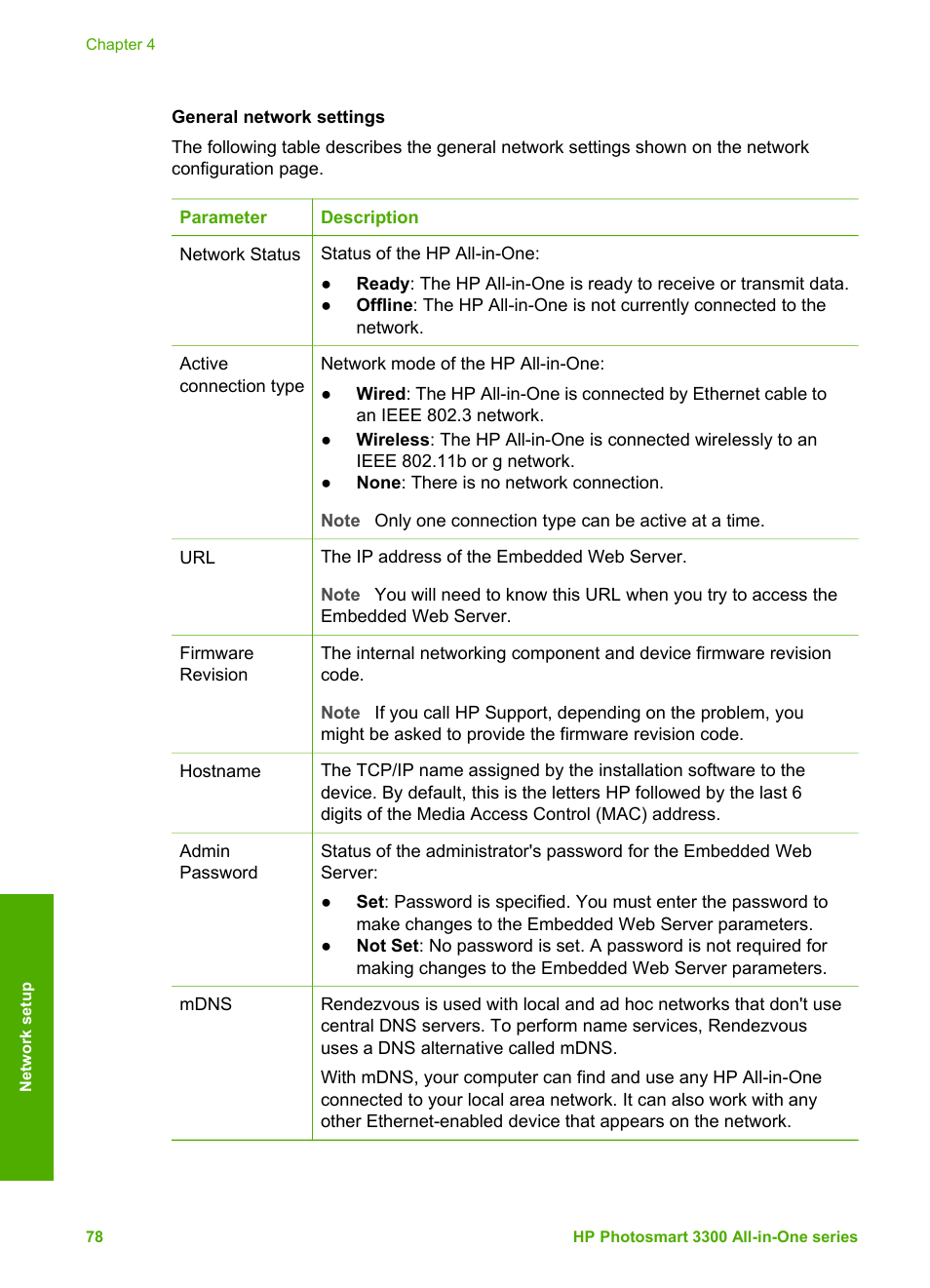 General network settings, Wired (802.3) network settings | HP Photosmart 3310 All-in-One Printer User Manual | Page 81 / 212