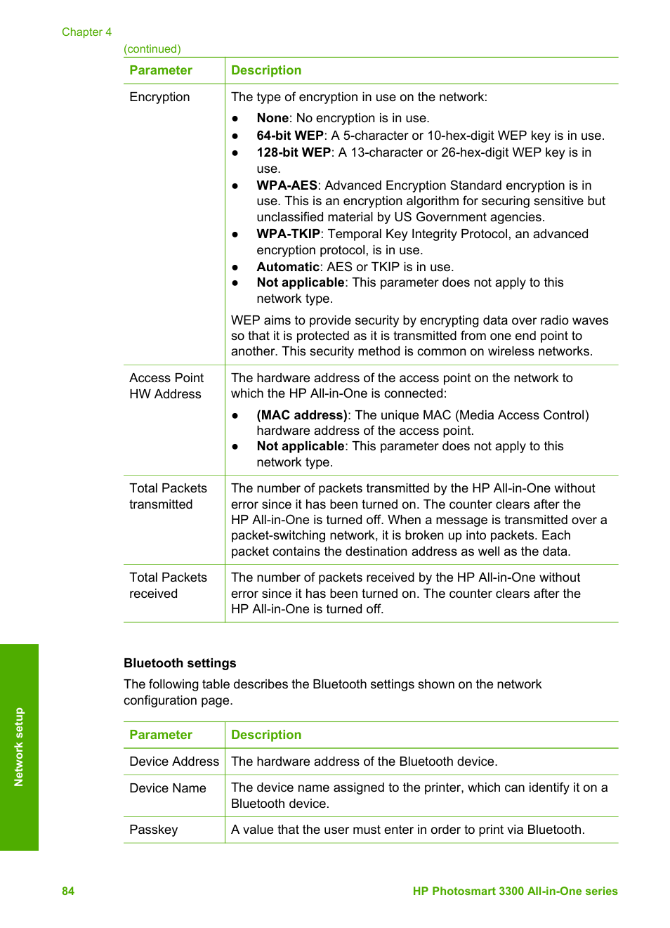 Bluetooth settings | HP Photosmart 3310 All-in-One Printer User Manual | Page 87 / 212