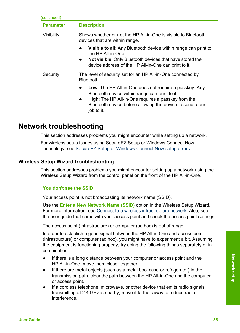 Network troubleshooting, Wireless setup wizard troubleshooting, Network | Troubleshooting | HP Photosmart 3310 All-in-One Printer User Manual | Page 88 / 212