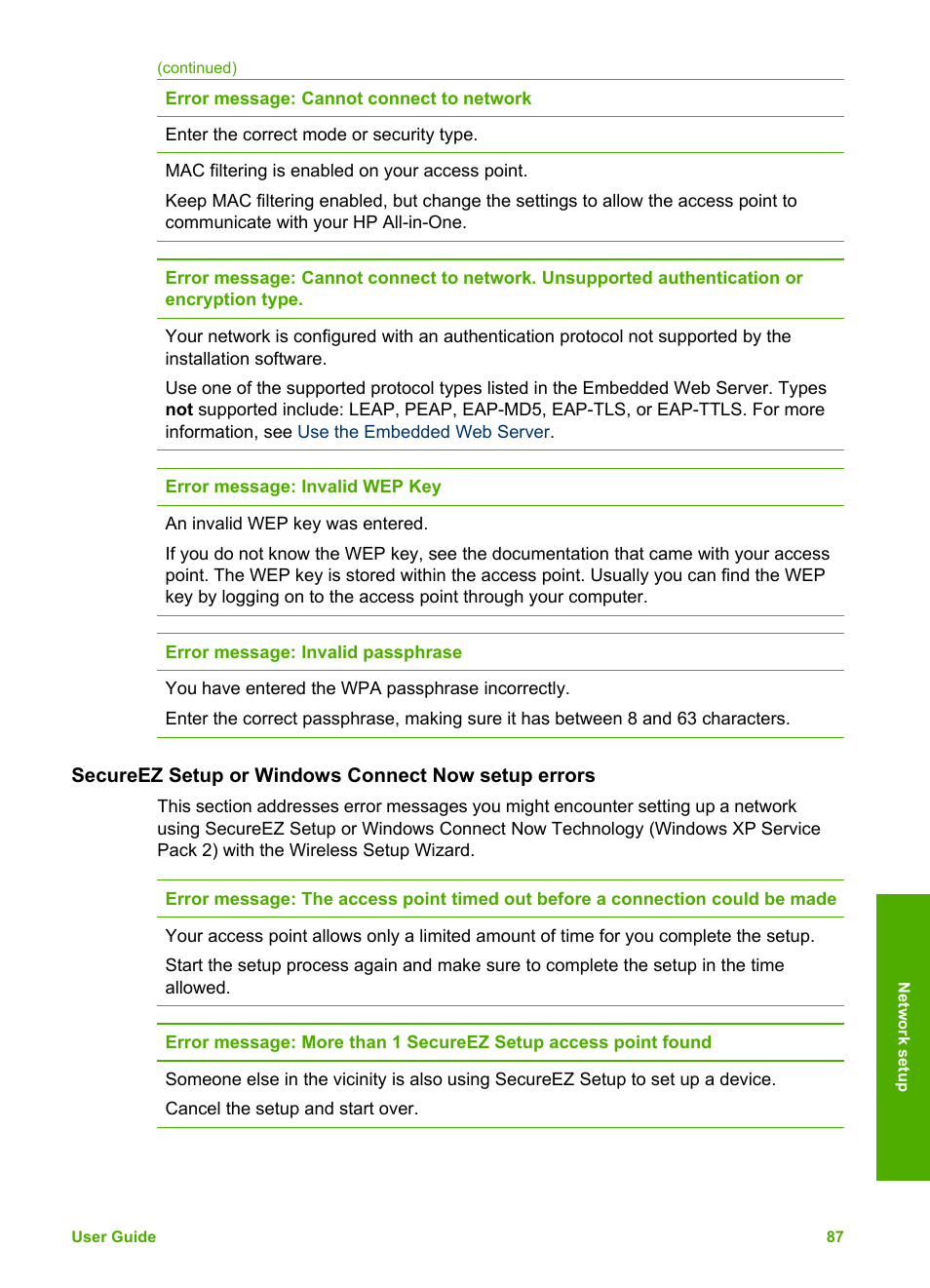 Secureez setup or windows connect now setup errors | HP Photosmart 3310 All-in-One Printer User Manual | Page 90 / 212