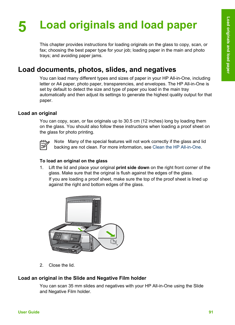 Load originals and load paper, Load documents, photos, slides, and negatives, Load an original | HP Photosmart 3310 All-in-One Printer User Manual | Page 94 / 212