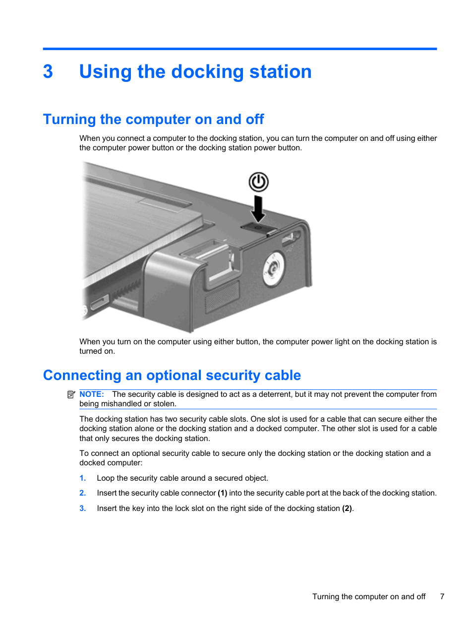 Using the docking station, Turning the computer on and off, Connecting an optional security cable | 3 using the docking station, 3using the docking station | HP EliteBook 2540p Notebook PC User Manual | Page 11 / 23