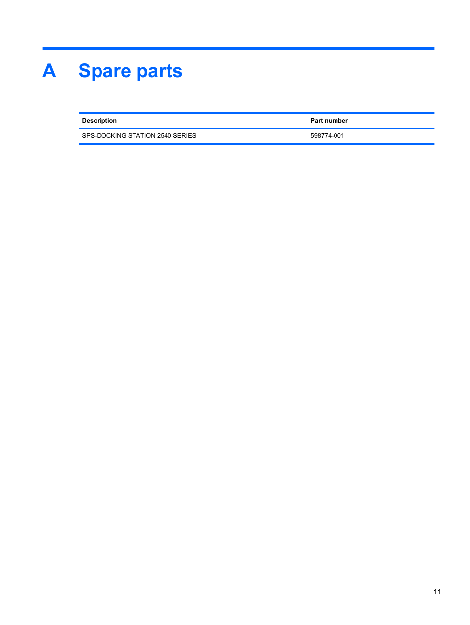 Spare parts, Appendix a spare parts, Aspare parts | HP EliteBook 2540p Notebook PC User Manual | Page 15 / 23